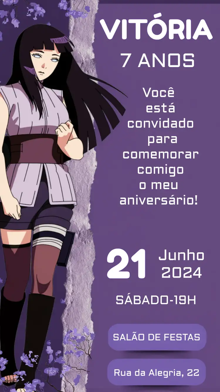 Invitación Hinata Naruto Lilás – tema Aniversário Infantil anime, moderno, lilás, divertido, infantil, branco