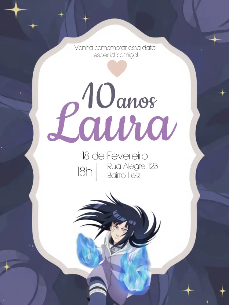 Convite Hinata Naruto Menina – tema Aniversário Infantil colorido, temático, infantil, divertido, moderno