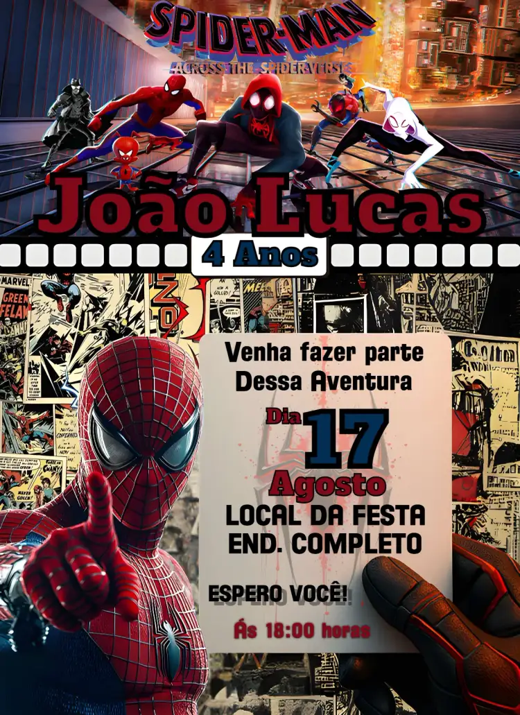 Convite Homem-Aranha: Através do Aranhaverso – tema Aniversário Infantil modernos, coloridos, super-heróis, urbano, dinâmico