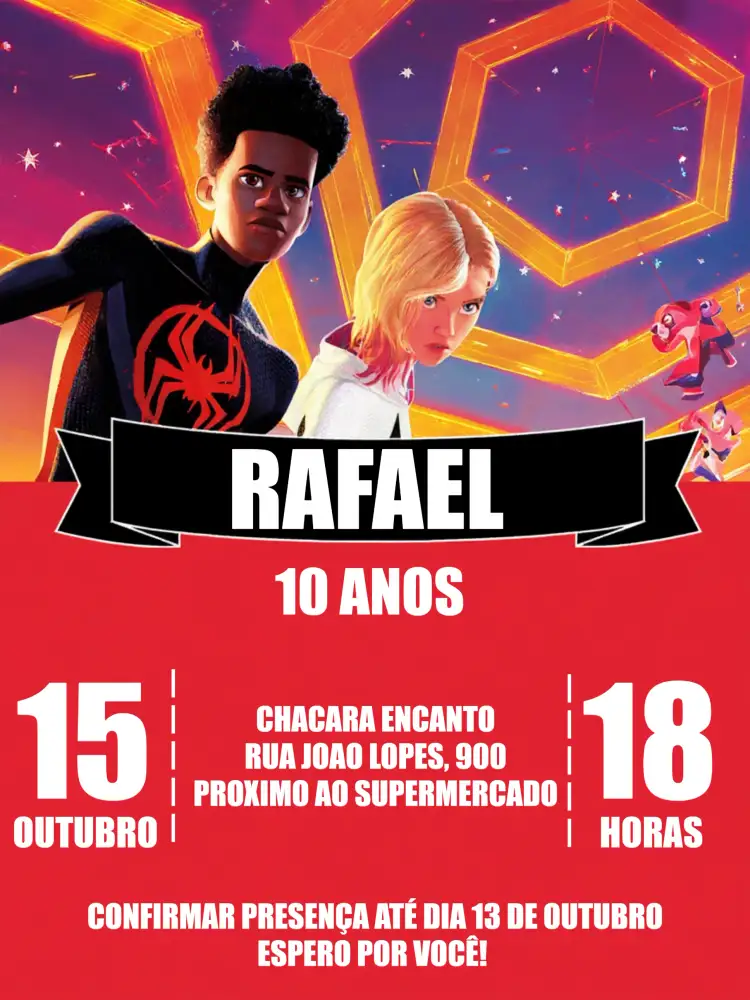Convite Homem-aranha: Através Do Aranhaverso Digital – tema Datas Comemorativas vermelho, preto, branco, moderno, temático, super-herói