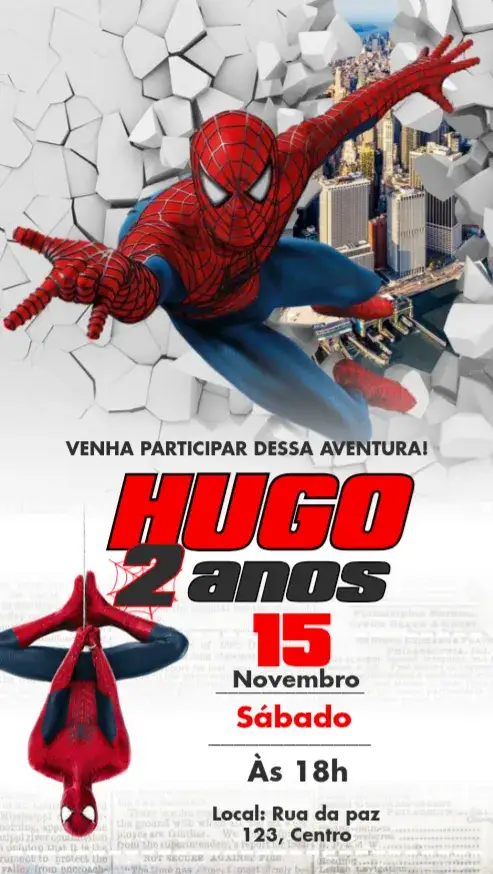 Convite Homem aranha – tema Aniversário Infantil cores vibrantes, estilo urbano, elementos de quadrinhos, design divertido, estilo moderno, toque infantil