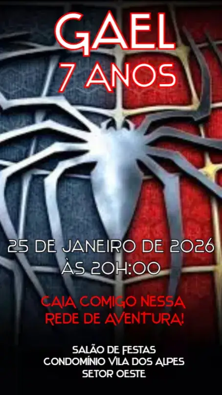 Convite Homem Aranha – tema Aniversário Infantil estilo super-herói, cores vibrantes, ilustrações dinâmicas, elementos urbanos, design divertido, temática de aventura