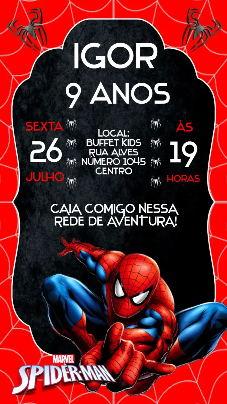 Convite Homem Aranha – tema Aniversário cores vibrantes, estilo moderno, elementos gráficos de super-herói, design divertido, temática de aventura, inspirado em quadrinhos