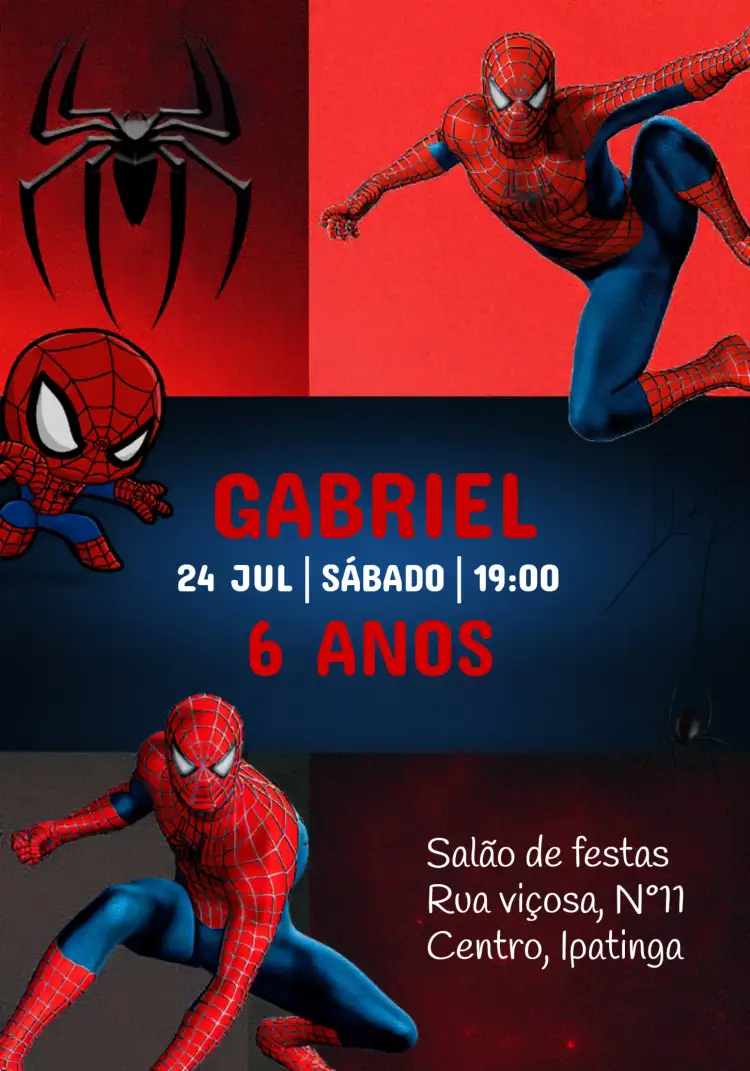 Convite Homem Aranha Aranhaverso Novo – tema Datas Comemorativas super-herói, moderno, colorido, infantil, dinâmico