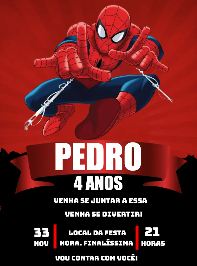 Convites Homem Aranha com cenas e composições diferentes