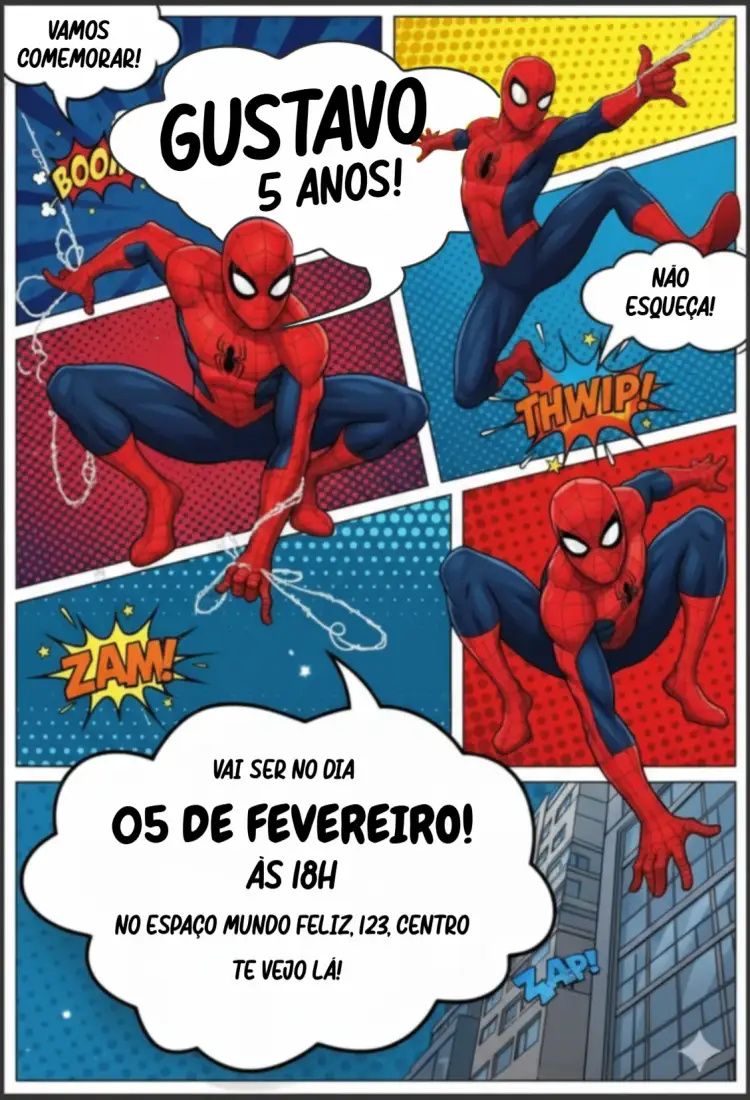 Convite Homem Aranha HQ – tema Aniversário Infantil colorido, temático, moderno, aventureiro, quadrinhos