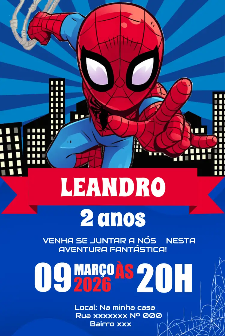 Convite Homem Aranha Infantil – tema Mais pesquisados colorido, divertido, jovem, moderno, temático