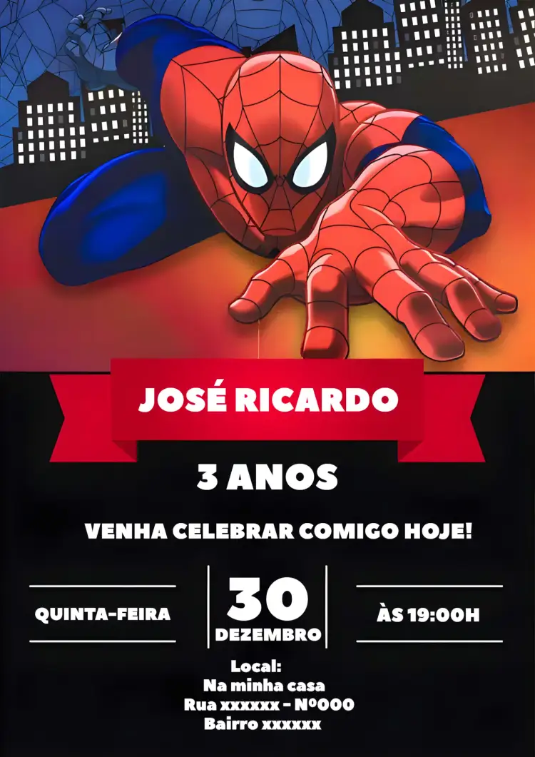 Convite Homem Aranha Man – tema Mais pesquisados colorido, moderno, temático, animado, jovial