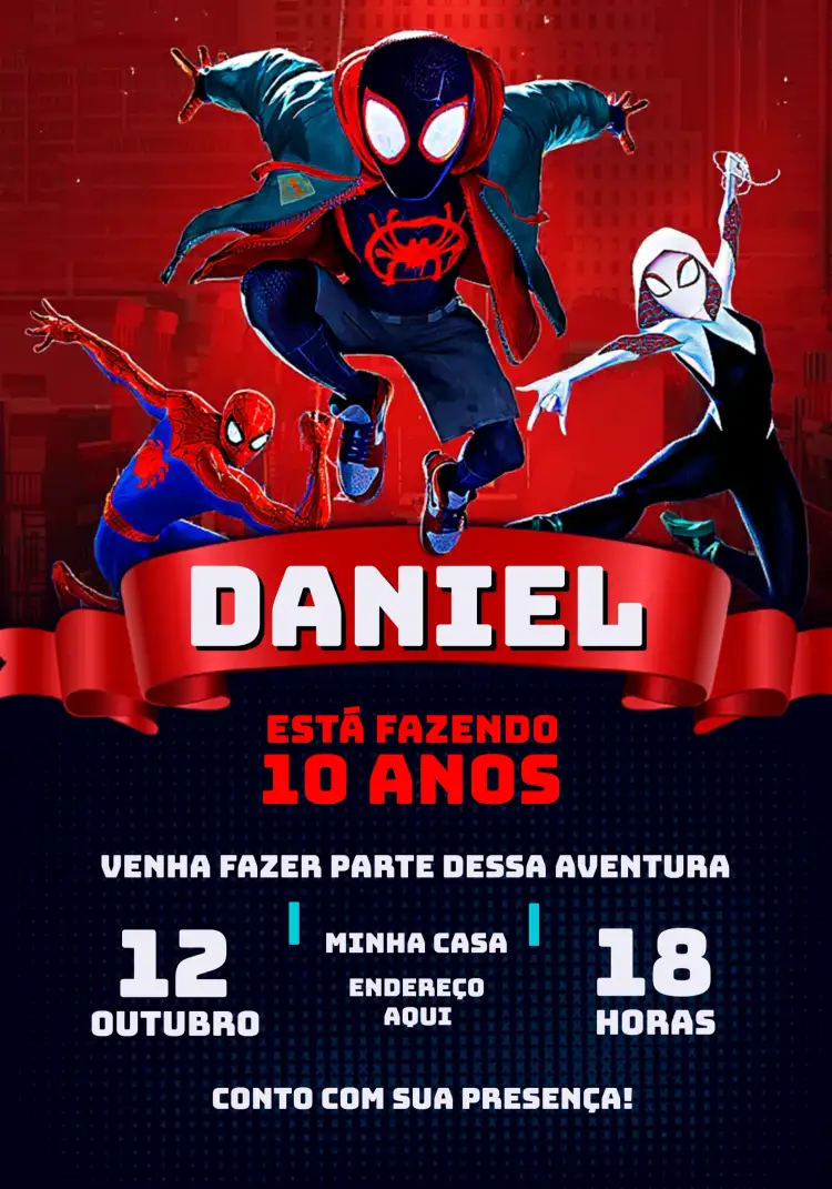 Convite Homem Aranha No Aranhaverso Menina – tema Mais pesquisados colorido, super-heróis, moderno, jovial, divertido