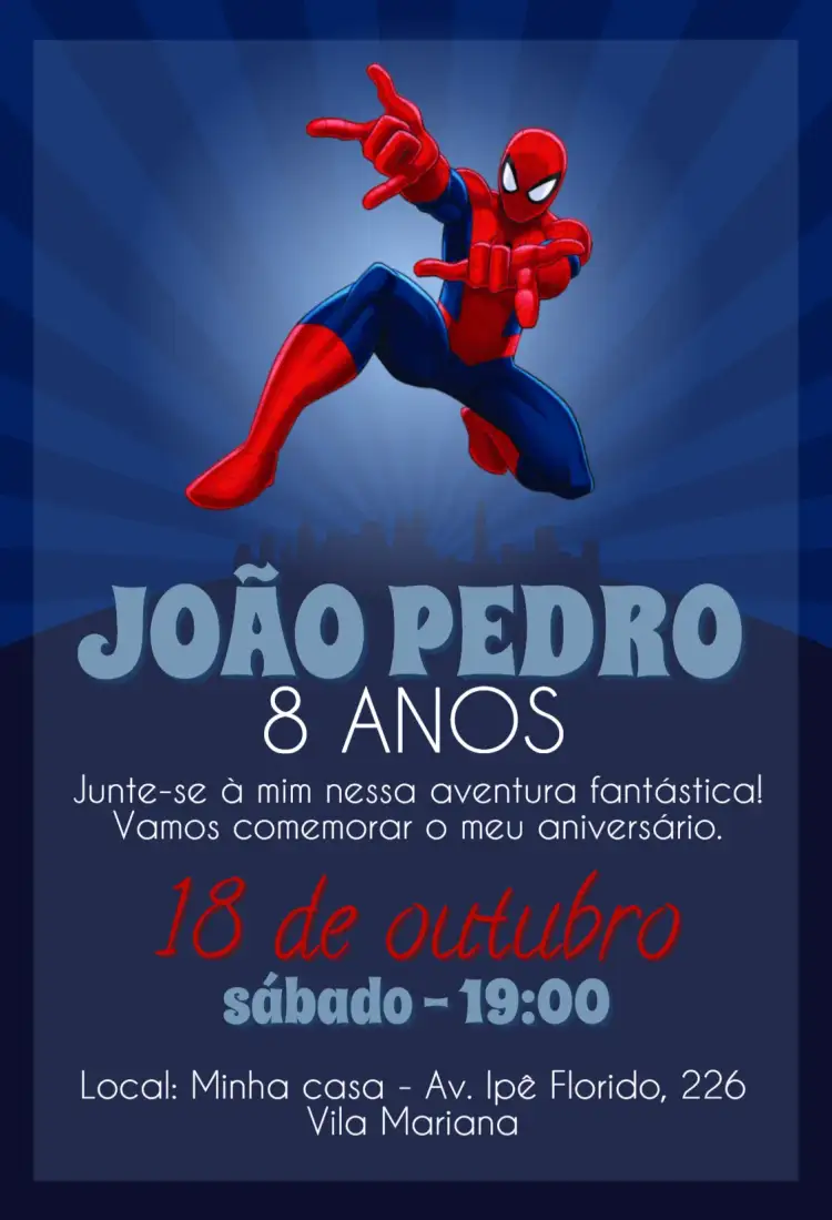 Convite Homem aranha – tema Aniversário Infantil temática super-herói, cores vibrantes, ilustrações dinâmicas, estilo moderno, elementos do Aranhaverso, design divertido
