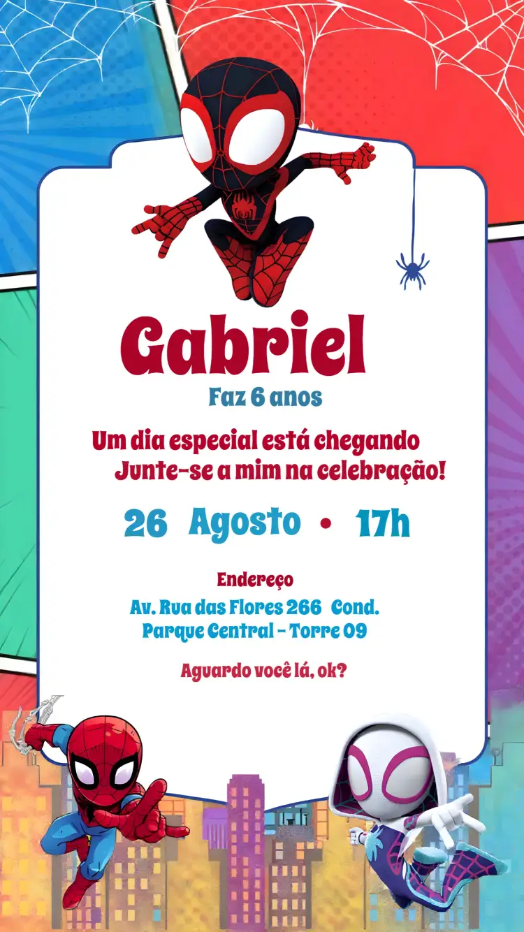 Convite Homem Aranha Spidey Friends Aninho – tema Aniversário Infantil colorido, quadrinhos, moderno, divertido, lúdico