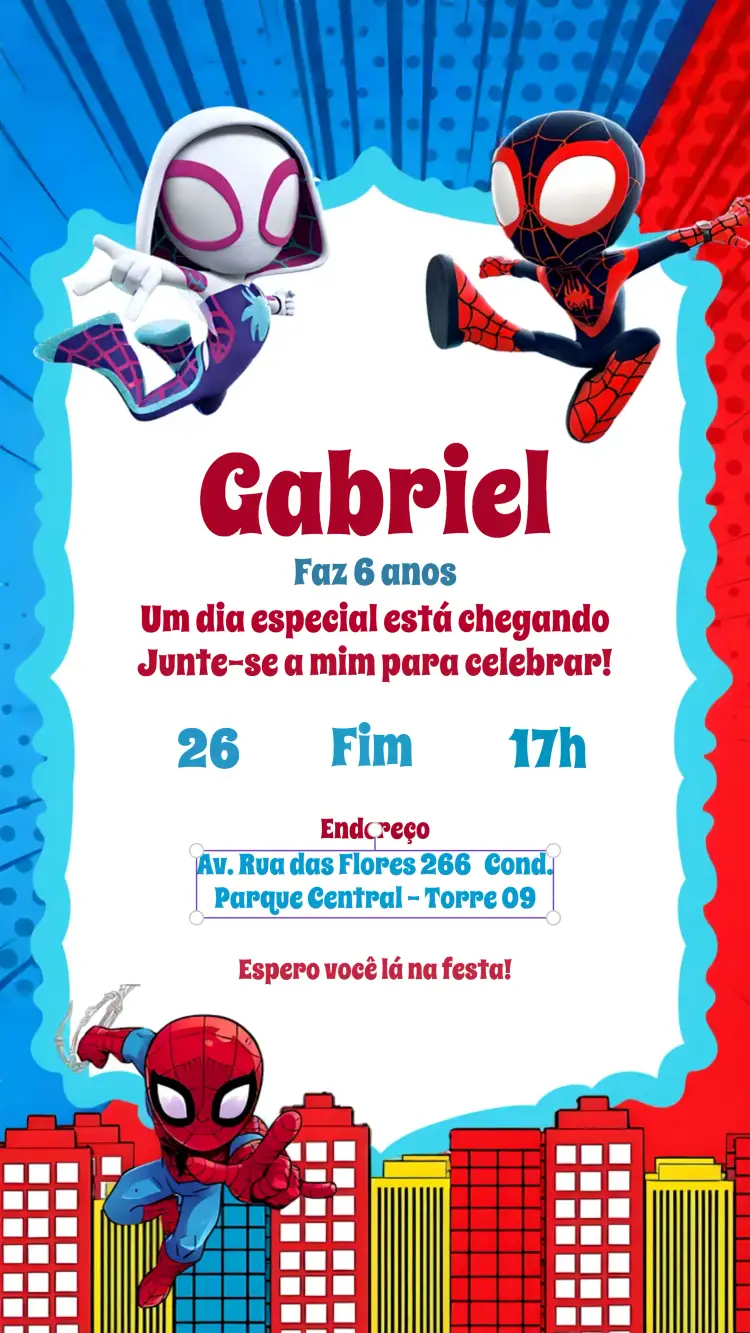 Convite Homem Aranha Spidey Friends Festa – tema Aniversário Infantil colorido, quadrinhos, moderno, temático, divertido