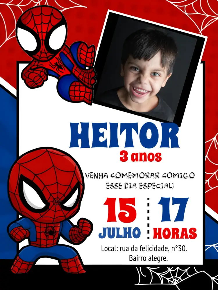 Convite Homem Aranha Toy Com Foto Chibi – tema Mais pesquisados vermelho, azul, preto, chibi, fofo, moderno