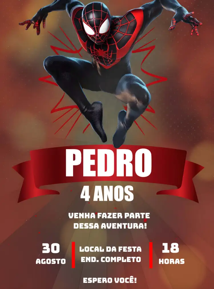 Convite Homem Aranha Vermelho – tema Mais pesquisados vermelho, preto, moderno, divertido, temático, super-herói