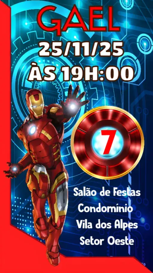 Convite Homem de Ferro – tema Aniversário Infantil colorido, moderno, temático, dinâmico, infantil