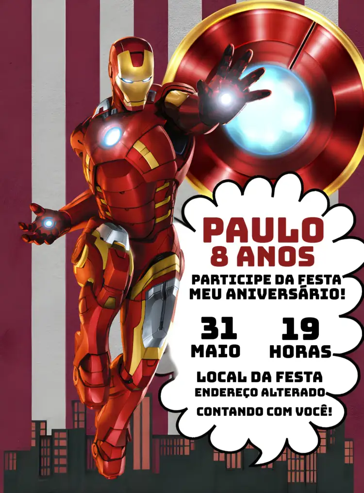 Convite Homem De Ferro – tema Mais pesquisados moderno, super-herói, vibrante, colorido, tecnológico