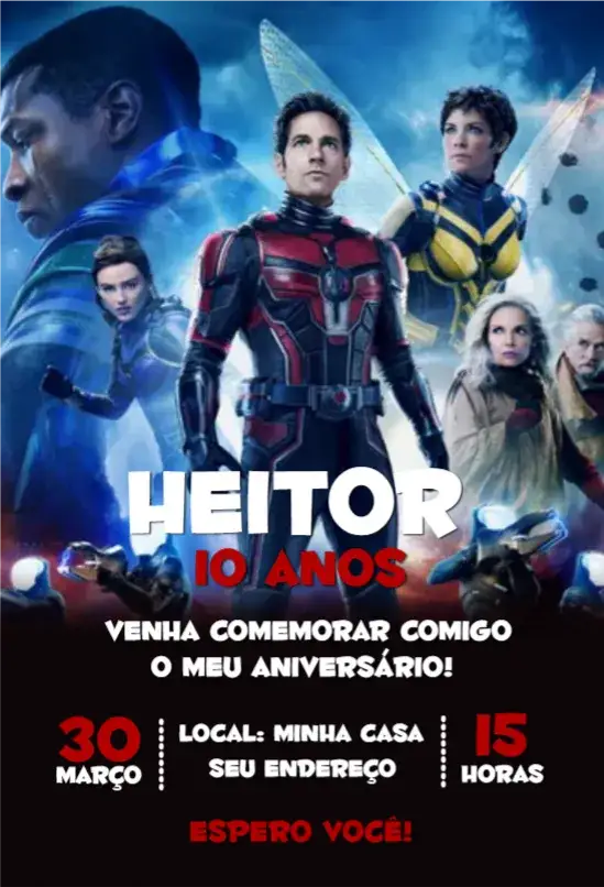 Convite Homem Formiga 1 – tema Aniversário colorido, super-heróis, vibrante, dinâmico, divertido