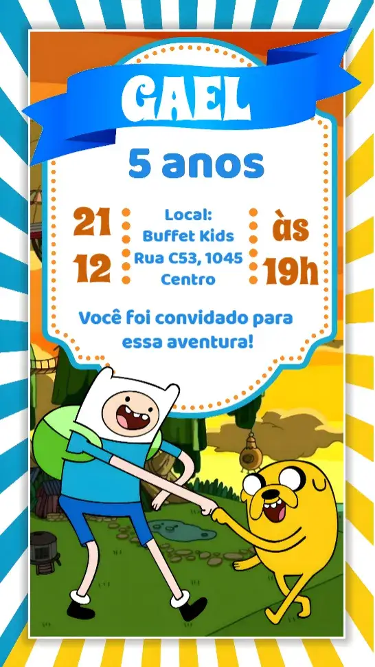 Convite Hora da Aventura – tema Aniversário Infantil colorido, divertido, lúdico, temático, infantil