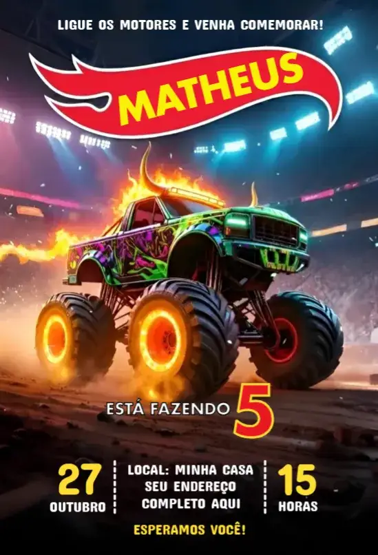 Invitación Hot Wheels 1 – tema Cumpleaños vibrante, divertido, colorido, temático, dinámico