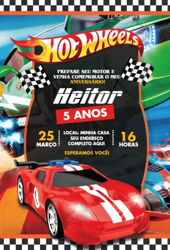 Invitación Hot Wheels 1 – tema Cumpleaños colorido, vibrante, temático, divertido, moderno