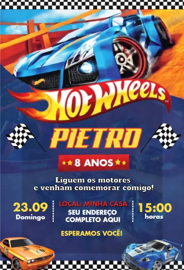 Invitación Hot Wheels 2 – tema Cumpleaños colores vibrantes, estilo automovilístico, elementos gráficos de coches, diseño moderno, temática de carreras