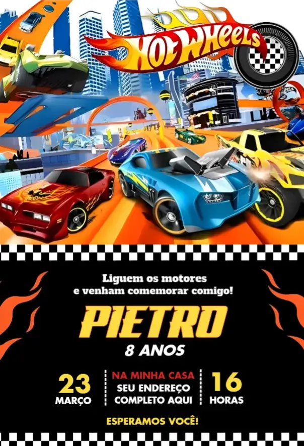 Convite Hot Wheels 4 – tema Aniversário colorido, divertido, temático, dinâmico, moderno
