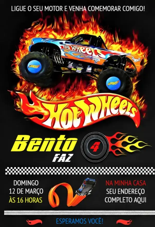 Invitación Hot Wheels 6 – tema Cumpleaños coches de carreras, colores vibrantes, estilo divertido, elementos gráficos de velocidad, tema de fiesta infantil