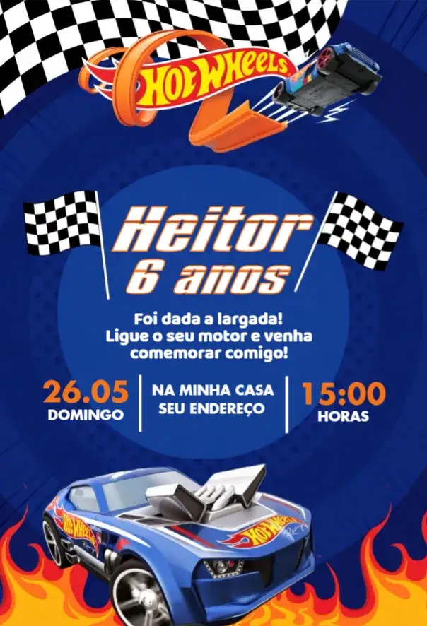 Convite Hot Wheels 7 – tema Aniversário colorido, divertido, dinâmico, automobilístico, moderno, infantil