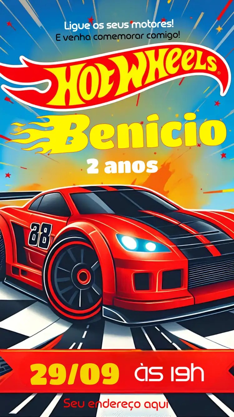 Convite Hot Wheels Carro – tema Mais pesquisados colorido, dinâmico, temático, moderno, divertido
