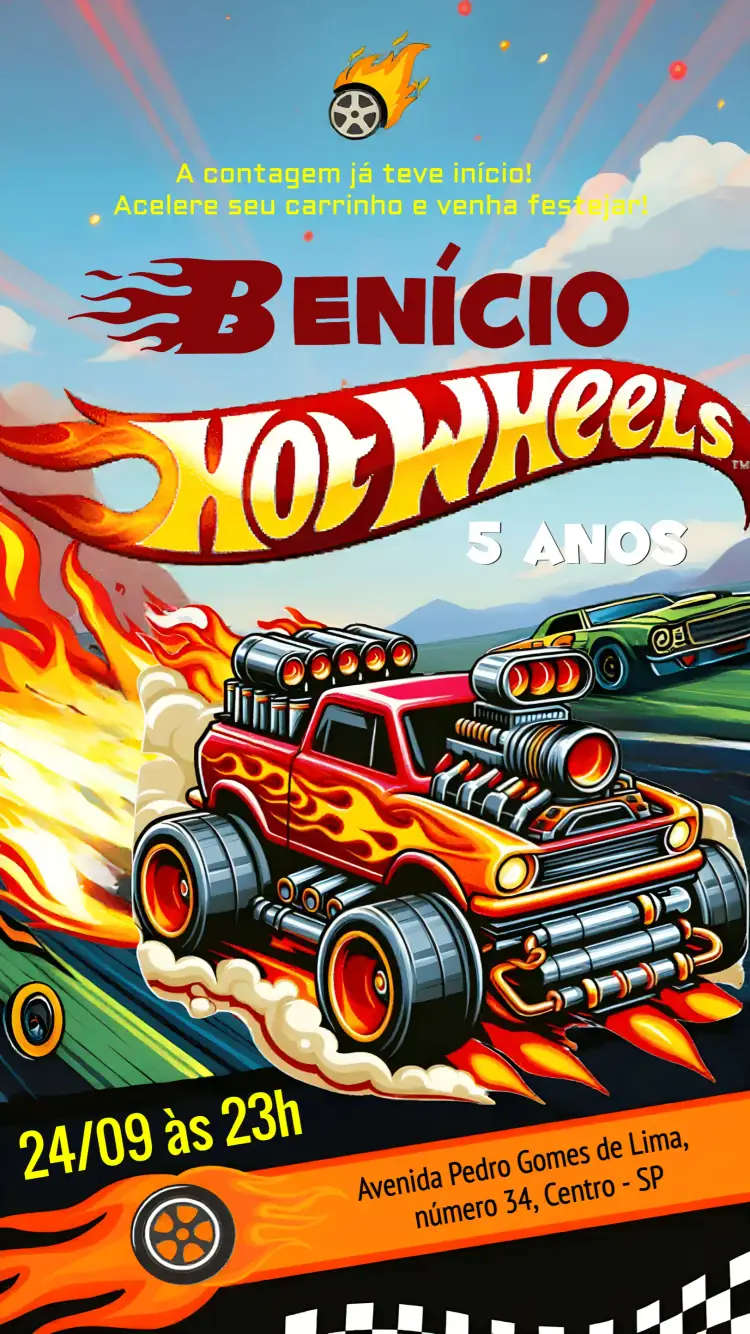 Convite Hot Wheels Carros – tema Mais pesquisados colorido, moderno, temático, divertido, adrenalina, infantil