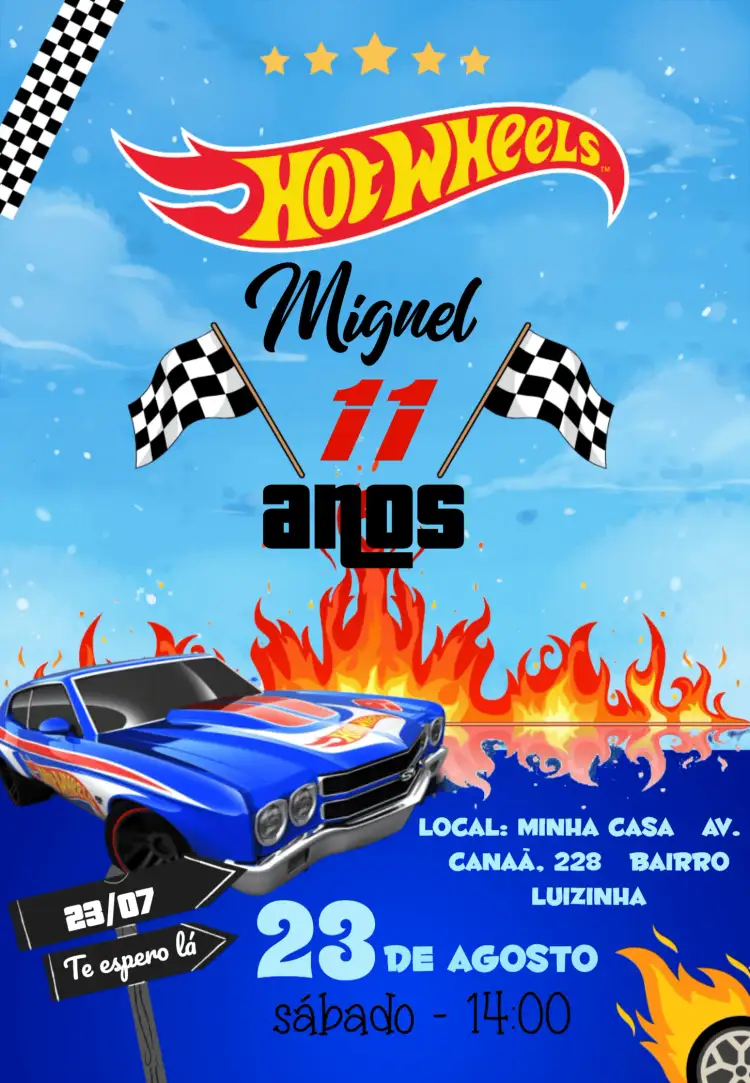 Convite Hot Wheels Colorido – tema Aniversário Infantil colorido, moderno, temático, divertido, dinâmico