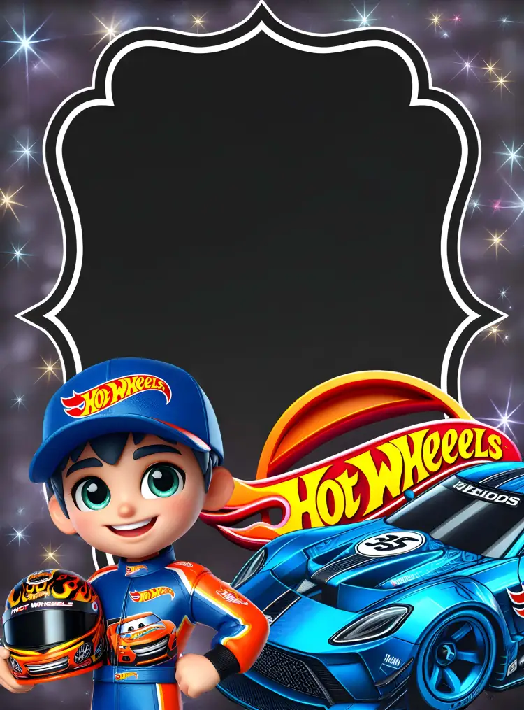 Convite Hot Wheels Corredor – tema Mais pesquisados cores vibrantes, estilo moderno, elementos gráficos de corrida, design lúdico, tema automobilístico, inspirado em jogos