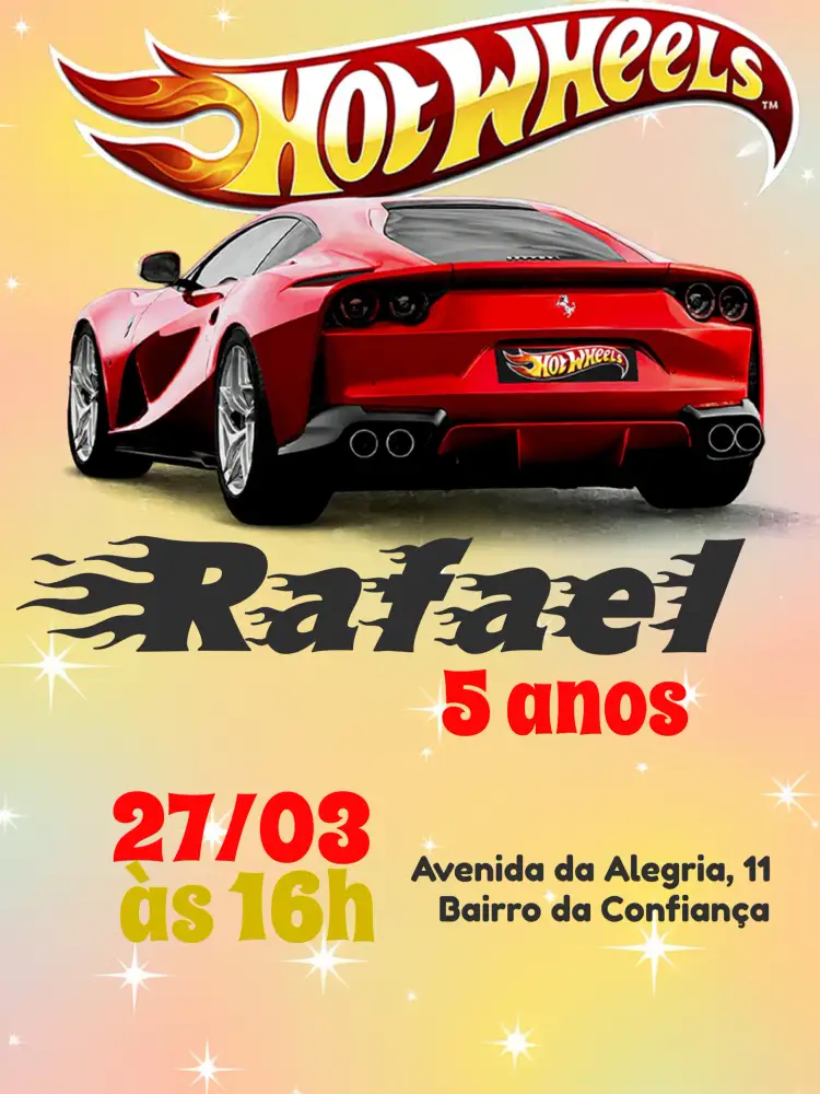 Convite Hot Wheels Dourado – tema Mais pesquisados dourado, vermelho, preto, moderno, temático, divertido