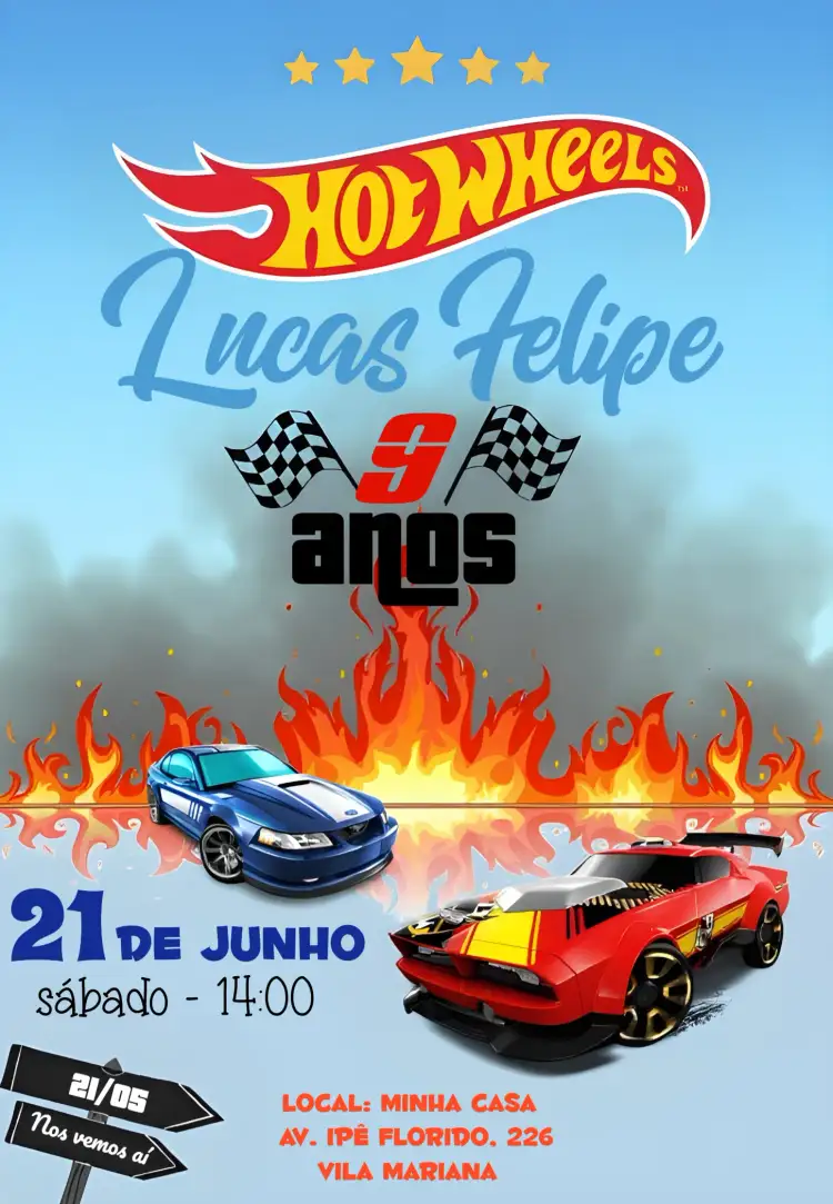 Convite Hot Wheels Infantil – tema Aniversário Infantil colorido, divertido, temático, moderninho, dinâmico