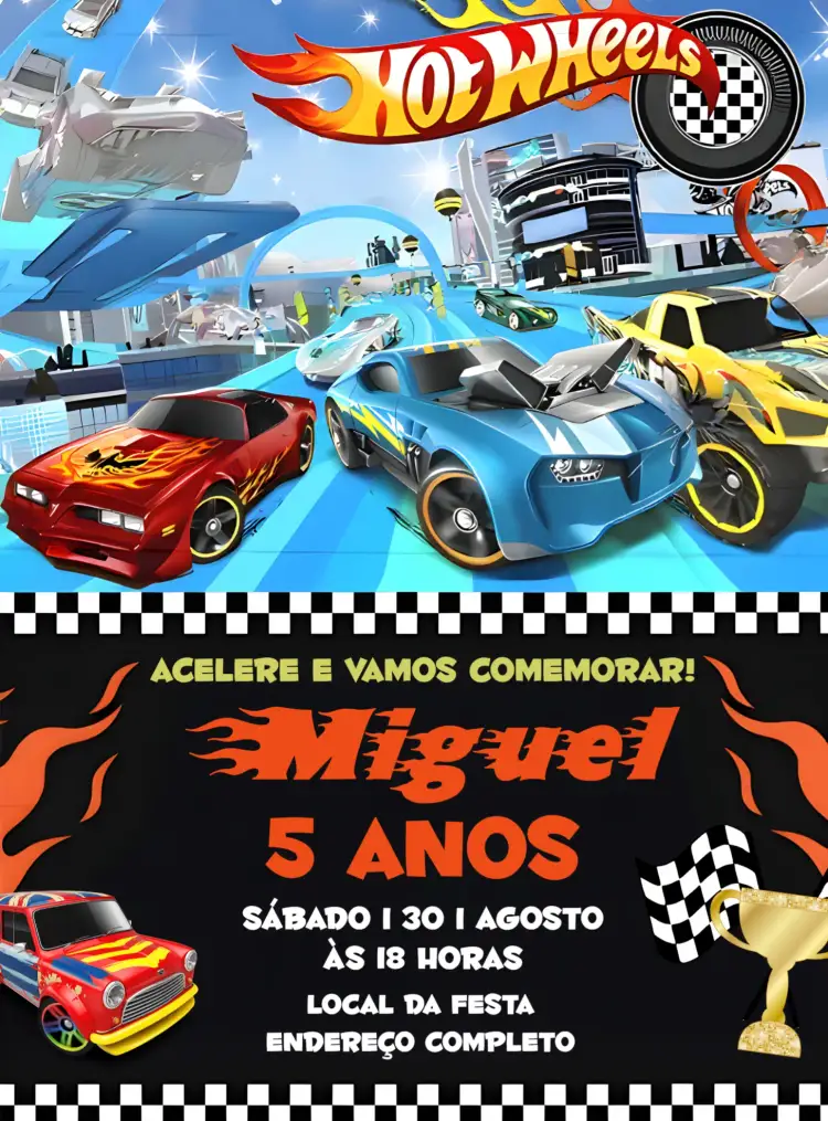 Convite Hot Wheels Piloto – tema Mais pesquisados carrinhos, corrida, desenho animado, laranja e preto, aventura, esporte