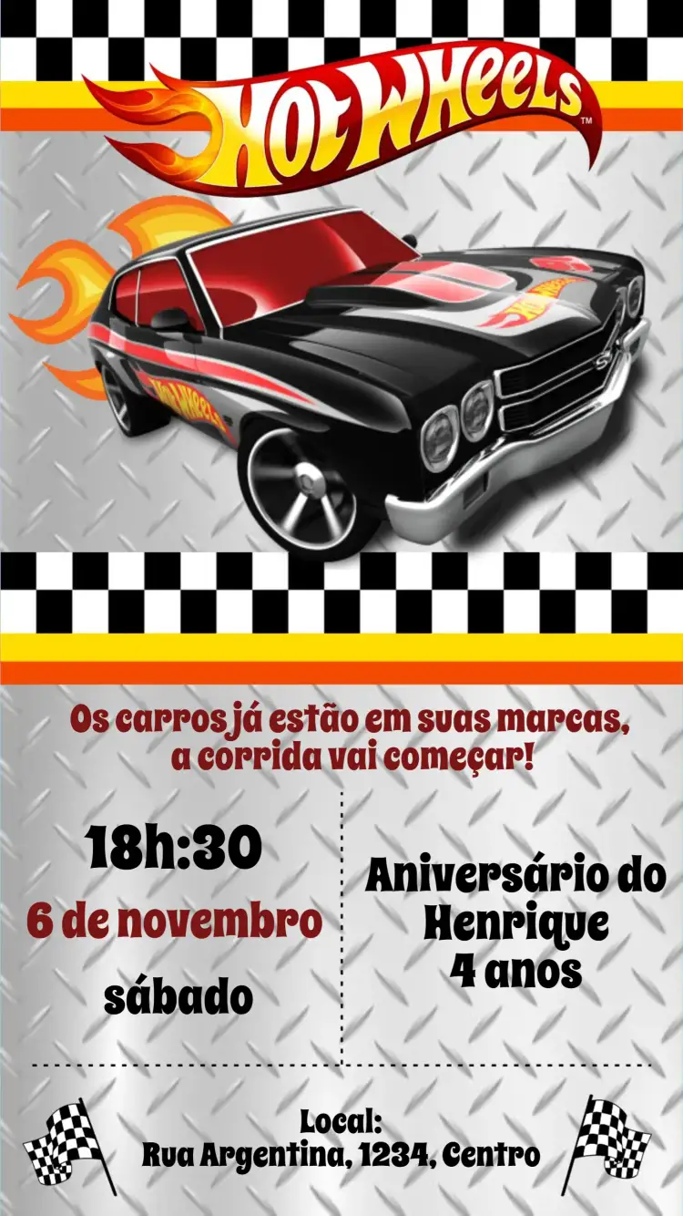 Convite Hotweels – tema Aniversário colorido, dinâmico, moderno, aventura, infantil, divertido