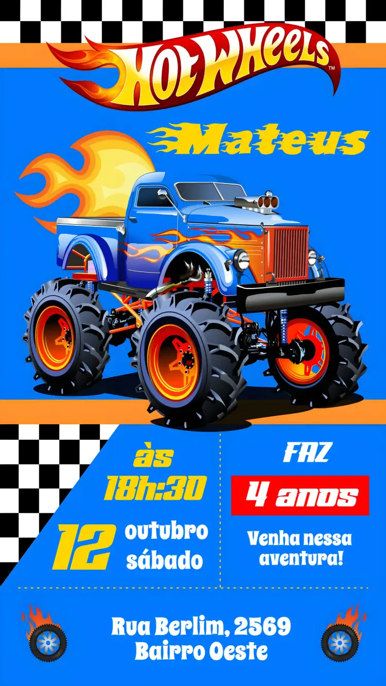 Convite Hotweels – tema Aniversário vibrante, moderno, temático, infantil, divertido