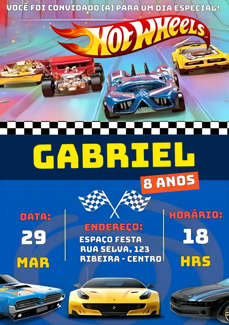 Convite Hotwheels 1 – tema Mais pesquisados azul, corrida, carros, divertido, infantil