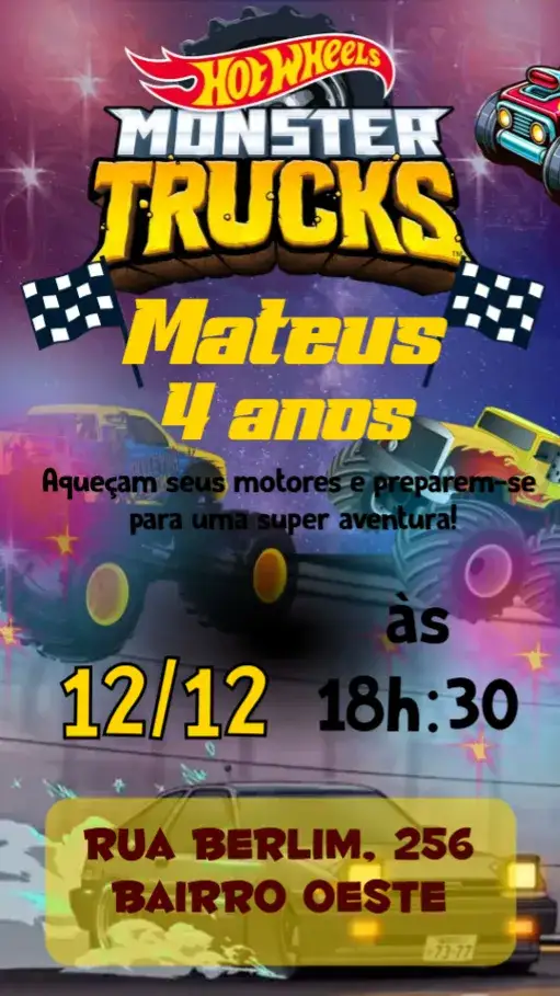 Convite Hotwheels – tema Aniversário Infantil cores vibrantes, estilo automobilístico, elementos gráficos de corrida, dinâmico, divertido, moderno