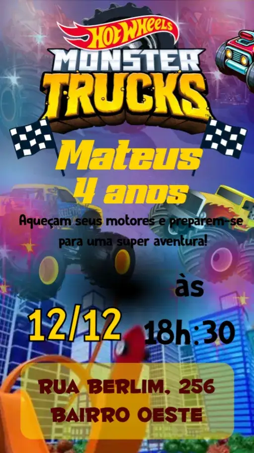 Convite Hotwheels – tema Aniversário Infantil colorido, moderno, dinâmico, temático, aventura, esportivo