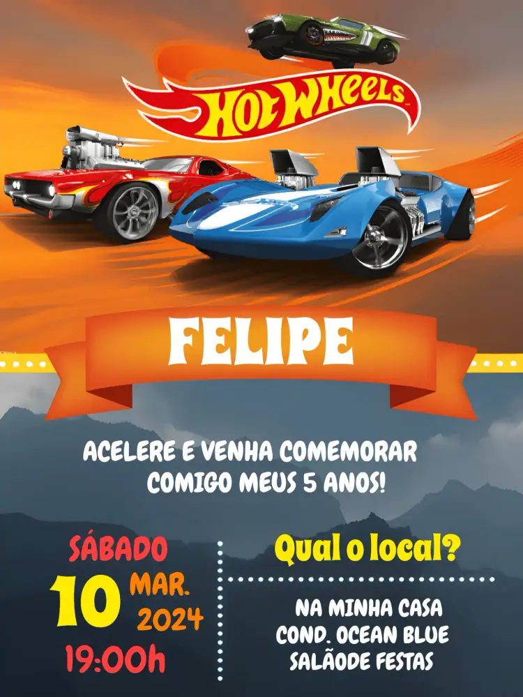 Convite Hotwheels Menino – tema Mais pesquisados carrinhos, azul, laranja, moderno, divertido, temático