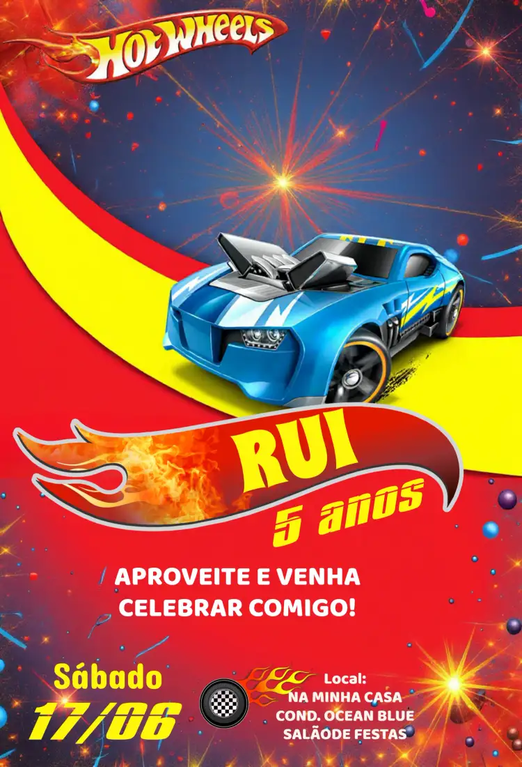 Convite Hotwheels Vermelho – tema Mais pesquisados vermelho, amarelo, divertido, moderno, temático