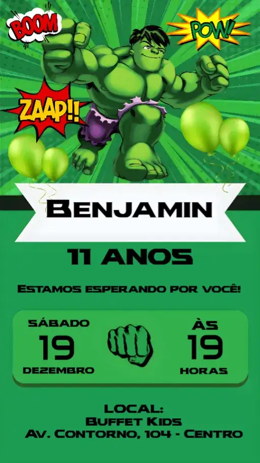 Convite Hulk – tema Aniversário Infantil cores vibrantes, estilo pop art, elementos de quadrinhos, design divertido, temática de super-heróis
