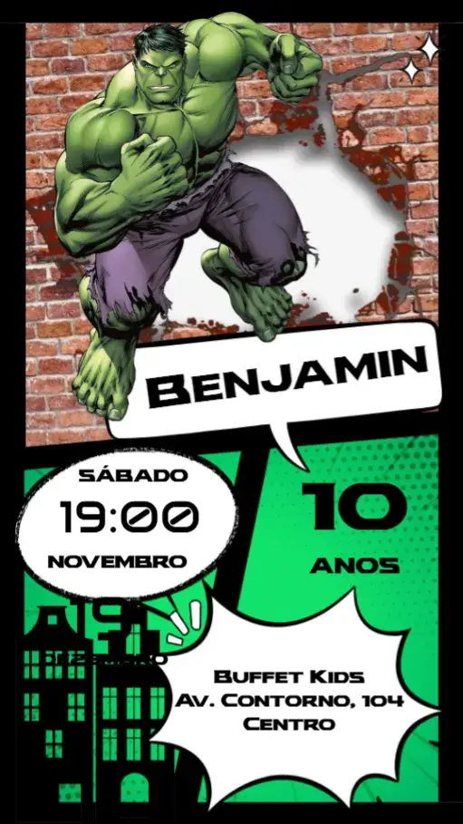 Convite Hulk – tema Aniversário Infantil verde, super-heróis, cartoon, colorido, dinâmico