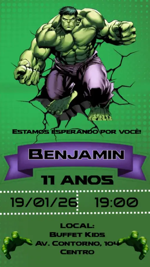 Convite Hulk – tema Aniversário Infantil colorido, aventura, super-heróis, dinâmico, divertido, jovial