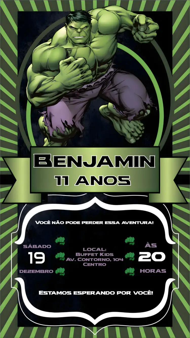 Convite Hulk – tema Aniversário cores vibrantes, estilo moderno, elementos gráficos de super-heróis, design dinâmico, temática divertida, ilustrações coloridas