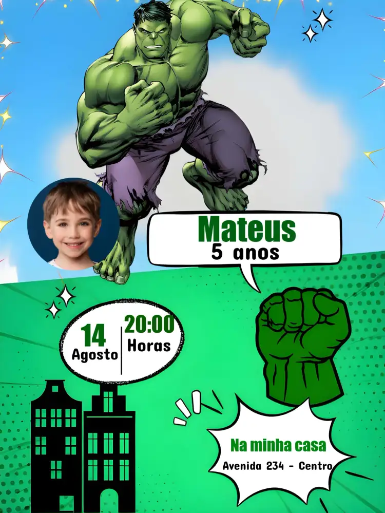 Convite Hulk Com Foto Marvel – tema Mais pesquisados verde, super-heróis, animado, moderno, colorido