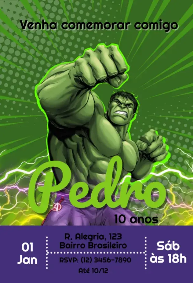Convite Incrível Hulk – tema Aniversário Infantil verde vibrante, super-herói, cartoon, divertido, festa temática, dinâmico