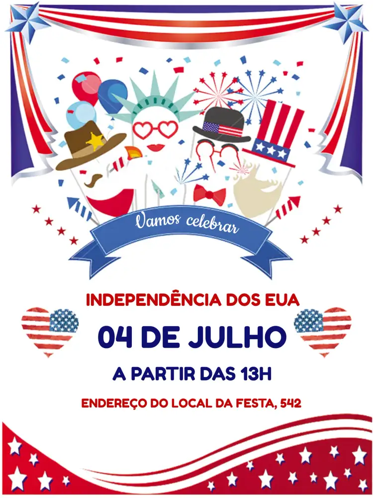 Convite Independência Dos Eua Vermelho – tema Datas Comemorativas vermelho, branco, azul, patriótico, festivo, moderno