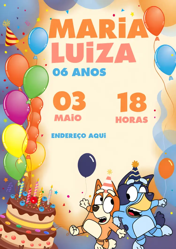 Convite Infantil Bluey E Bingo Amarelo – tema Aniversário Infantil colorido, infantil, divertido, temático, alegre